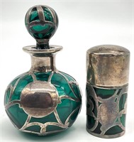 2 Art Nouveau Sterling Silver Overlay Vanity Jars