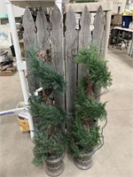 2 Lighted Topiaries With Rustic Fence