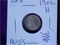 1902H 5 Cent Large H AU55