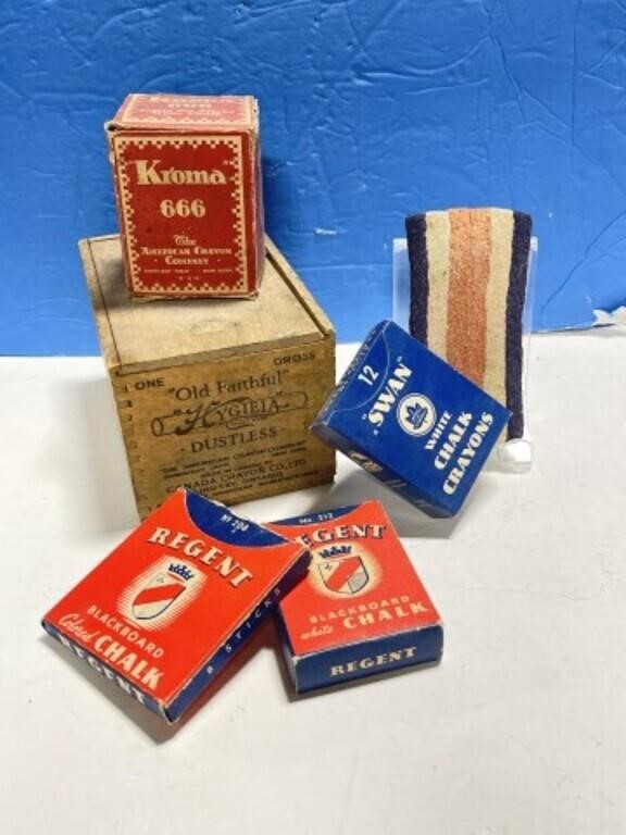 Vintage Blackboard Chalk: Brush, Boxed Chalk,