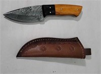 Damascus blade knife with wood handle and case
