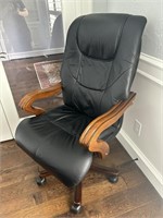 Black Leather & Wood Rolling Office Chair
