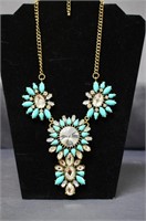Costume Necklace With Turquoise & Clear Rhinestone