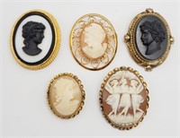 5-VINTAGE GOLD TONED OVAL CAMEO BROOCHES