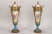 Large Pair of Sevres Twin Handled Porcelain Mantle
