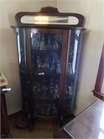 ANTIQUE DOMED GLASS CURIO CABINET, BEVELED MIRROR