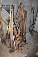Large lot of Yard Tools; shovels, hoes, post