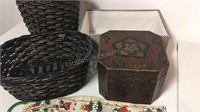 Wicker trashcan and basket, Gray storage box, and