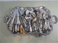 Silver Plate Serving Tray & Flatware