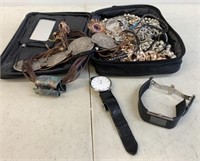 Travel Bag of Costume Jewelry w/2 Working Watches