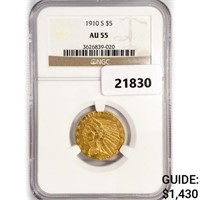 1910-S $5 Gold Half Eagle NGC AU55