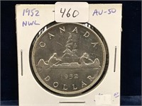 1952 Can Silver Dollar  AU50  NWL