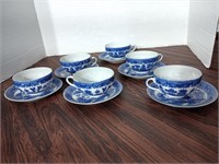 6 hidden geisha lithophane blue willow cups and