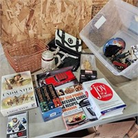 Tub of figures, books, bags, games, etc