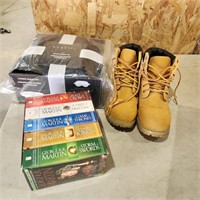 Size 8 CSA boots, books, travel pillow