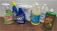 Box of cleaning supplies - spray and wash,