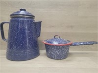 Enamelware Coffee Pot & Small Pan w/ Lid