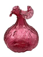 Fenton Cranberry Swan & Cattail Vase
