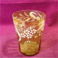 Hand Decorated Amber Drinking Glass (Vintage)