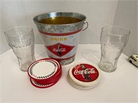 Coca Cola Pail, Coasters, glasses