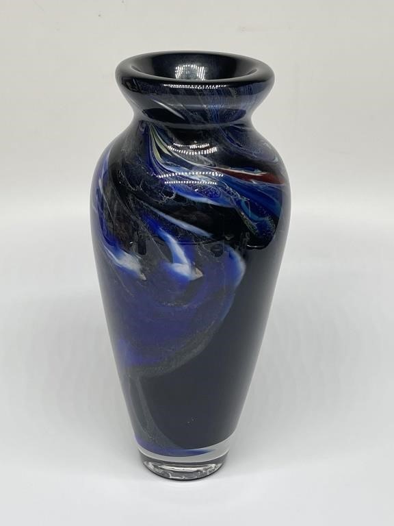 Blue Swirl Art Glass 11in Vase