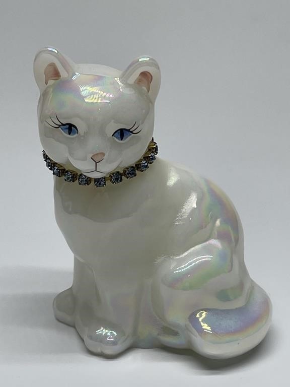 Fenton Iridescent Hand Painted Cat Figurine