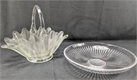 (2) Vintage Feather Glass Basket & Ribbed Bowl Duo