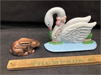 Cast iron swan door stop and metal bunny