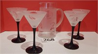 5 PC ETCHED GLASS MARTINI PITCHER AND STEM SET