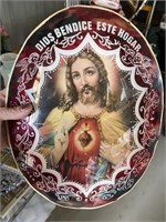 Antique Large Curved Glass Religious Jesus Picture