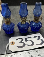 3 Cobalt Blue Oil Lamps w/ Blue Chimneys