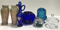 Various vintage colored glass, paperweight, and