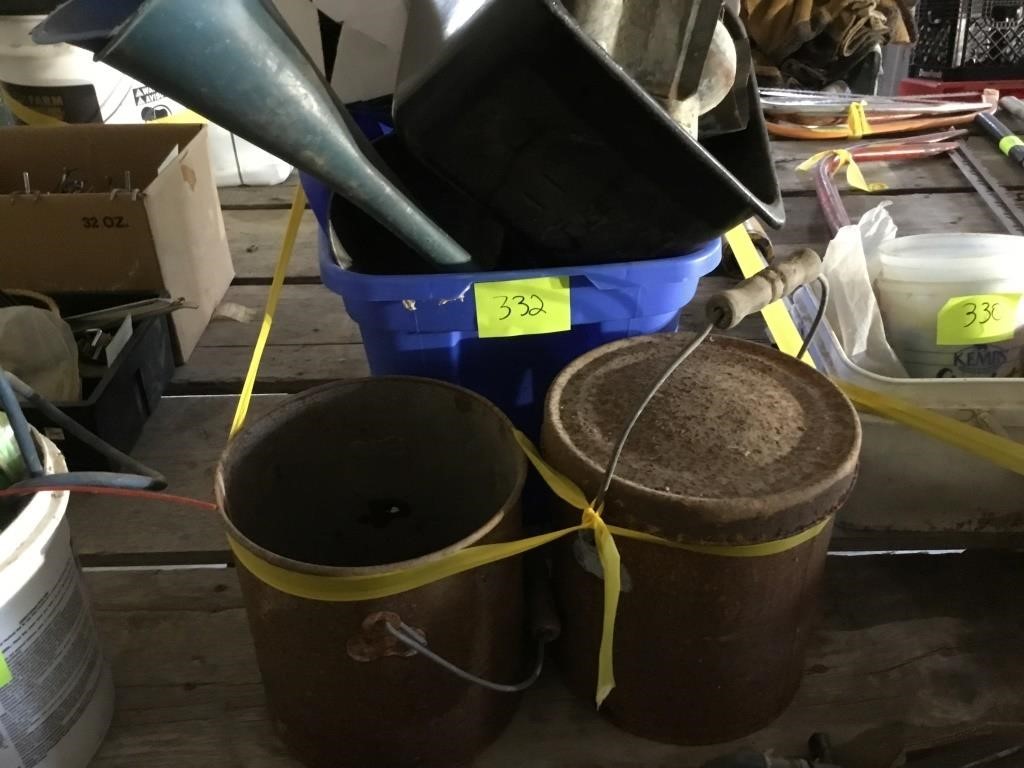 Blue tote, tin pails, big speakers.