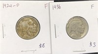 Pair of Buffalo nickel coins graded F