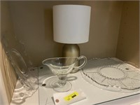 2 Glass Serving Platters, Small Lamp, and Vintage