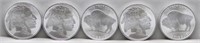 (5) 1 OZ .999 SILVER BUFFALO COINS.