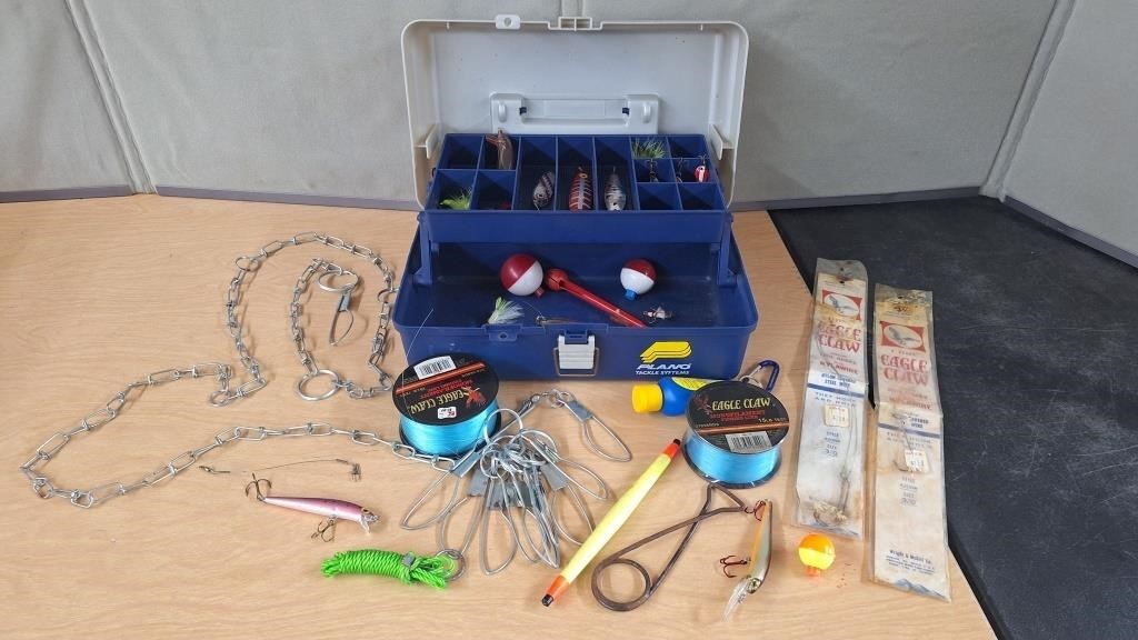 FISHING TACKLE,LURES,LINE,PLANO TACKLE BOX,ETC.