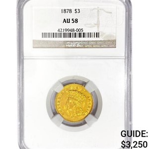 1878 $3 Gold Piece NGC AU58