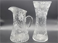 (2) Vintage Cut Glass with Flower: Pitcher & Vase