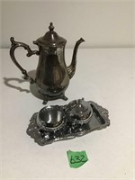 silver coffee pot, creamer/sugar/tray