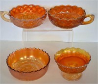 FOUR PIECES OF MARIGOLD CARNIVAL GLASS