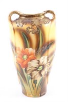 Asian Hand Painted Pottery w Embossed Leaves Vase
