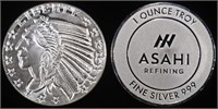 (2) 1 OZ .999 SILVER ROUNDS, INDIAN DESIGN & ASAHI