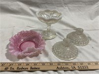 Opalescent Glass Dish, Candle Holders, and Dish