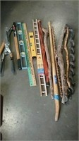 Walking sticks, clippers, level and yard sticks