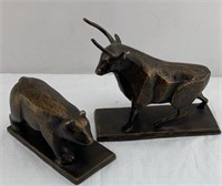 Bronze Bull & bear sculptures 9x9in - One Chipped