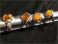 Lot OF 4 Sterling & Amber Fashion RIngs Sz 7-8