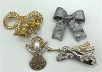 Lot of 4 Christmas Angels, Bows, Bells Brooches