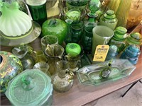 GREEN GLASS POURERS, MUGS, VASES, ETC