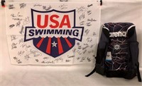 USA Swimming signed flag & Arena backpack